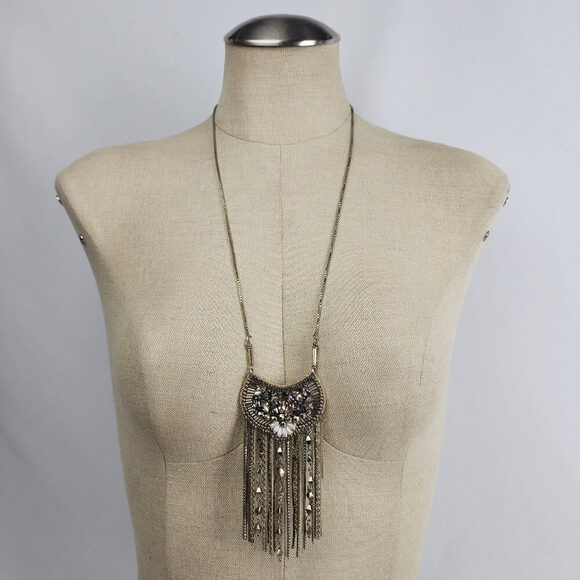 Stella & Dot Analena Pendant Sparkle Fringe Gold Statement Necklace - Picture 1 of 10